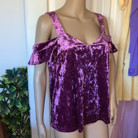 Venus purple velvet velour bare cold shoulder tunic Babydoll shirt top M - Picture 9 of 12